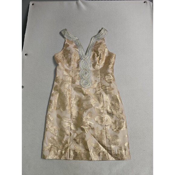 Lilly Pulitzer Valli Floral Gold Dress Size 4 Organza Brocade Sheath - Picture 1 of 9